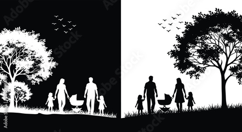 Family silhouette illustration, outdoor nature artwork, walking together vector design, unity harmony graphic icon, black white lifestyle symbol