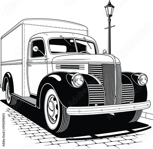 Vintage Black and White Delivery Truck with Boxy Cargo Compartment and Detailed Grille.