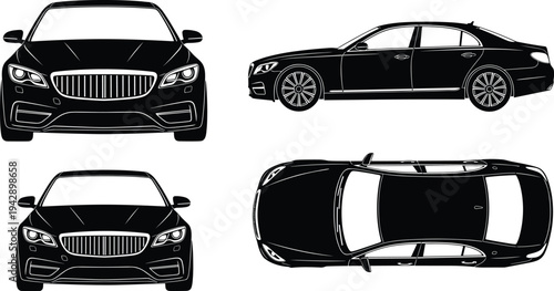 Luxury sedan silhouette illustration set, automotive vector artwork, car design graphic icon, black white vehicle symbol