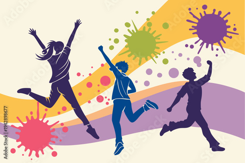 Celebration with joyful people dancing amidst colorful fireworks and confetti