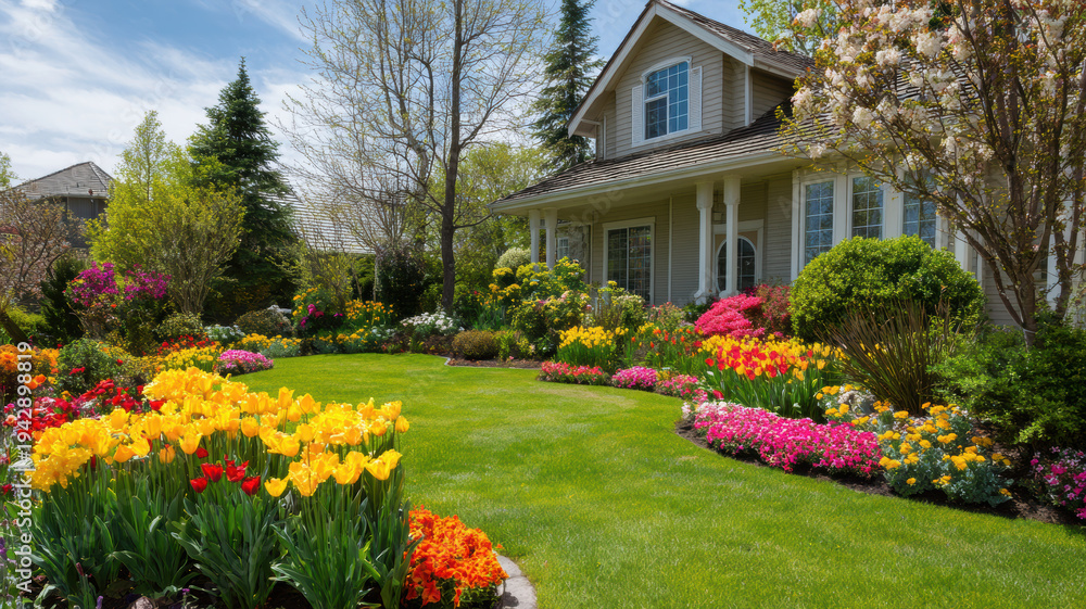 Obraz premium Spring season, garden, flower, fresh, life. A house surrounded by a lush garden of vibrant flowers and lush green grass, with trees in the background and a clear blue sky above.