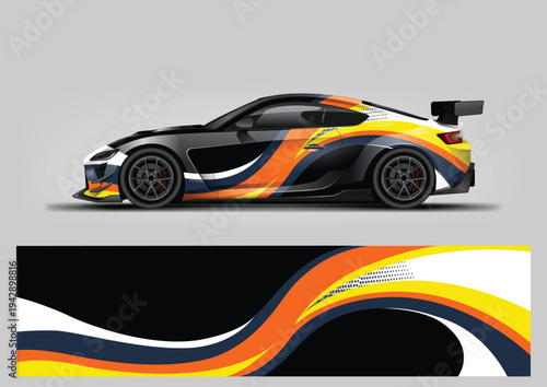 Abstract racing car wrap decal with wave stripe design. Vector wrap template for vehicle graphics.