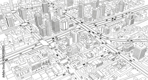 Aerial sketch of a busy city intersection with traffic and buildings.