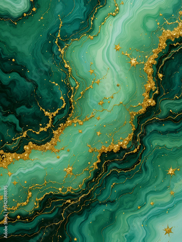 Green and gold abstract marble background with sparkles. Vector texture in alcohol ink technique with glitter. Template for banner, poster design. Fluid art painting