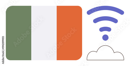Connectivity, global communications, technology access, digital integration, networking, internet services. Ireland flag with wireless and cloud icon. Connectivity and global communications concept
