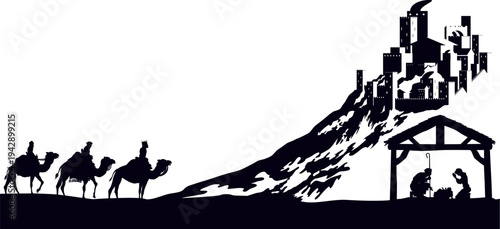 A Christmas nativity scene with baby Jesus in the manger, wise men and city of Bethlehem in the background