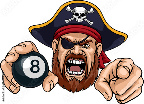 An angry Pirate cartoon character holding billiards pool 8 black ball and pointing sports team mascot illustration.