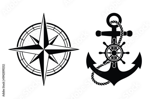 Compass rose and anchor with ship wheel silhouettes