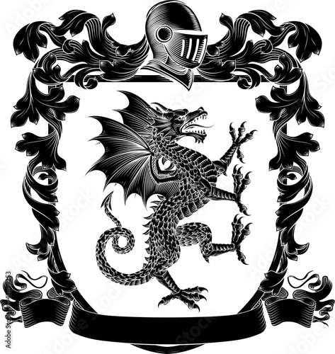 A dragon coat of arms or crest family heraldry medieval heraldic animal knight shield. With helmet and acanthus filigree scroll ornament in a vintage woodcut style.