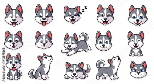 Collection of Cute Husky Dog Illustrations in Various Poses and Expressions.