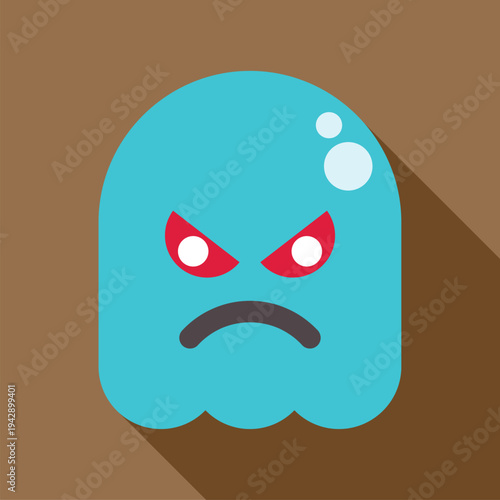 Blue angry ghost icon with red eyes and frowning mouth on brown background