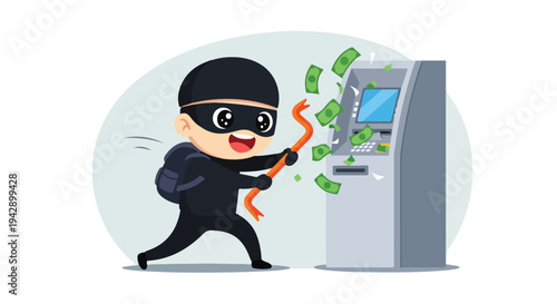 A cartoon burglar in black clothes and a mask using a crowbar to rob an ATM with money flying out, on a white background with a light blue circle.