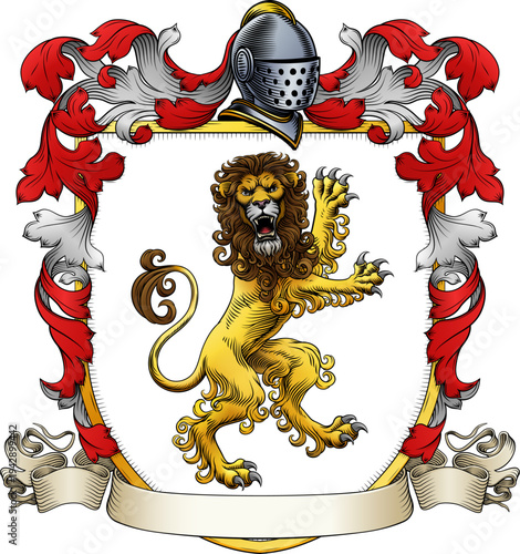 A lion coat of arms or crest family heraldry medieval heraldic knight shield with helmet and acanthus filigree scroll ornament in a vintage woodcut style.