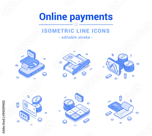 Online payment financial banking shopping money transfer outline line isometric icon set vector illustration. Internet card digital wallet mobile app budget balance analyzing accounting calculating