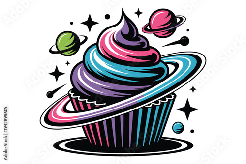 Cosmic cupcake galaxy design with planets and stars, sweet treat in space, vibrant colors, fantasy illustration.