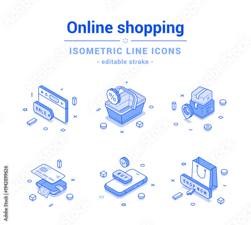 Online shopping sale web store delivery digital wallet mobile app outline line isometric icon set vector illustration. Internet banking shop market supermarket marketplace purchase paying buying goods
