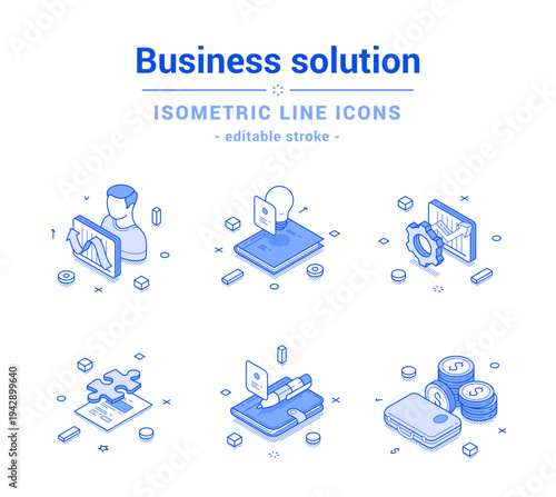Business solution planning brainstorming analyzing outline line isometric icon set vector illustration. Productivity efficiency management success decision financial analysis marketing innovation idea