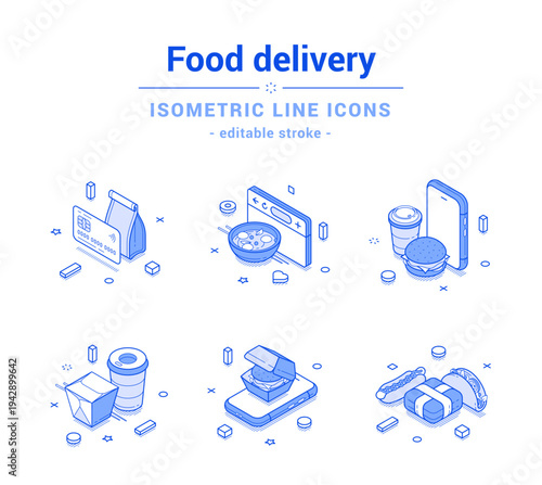 Food delivery online menu restaurant courier service outline line isometric icon set vector illustration. Meal dish cafe catering gourmet cuisine shipping mobile app web business commercial retail