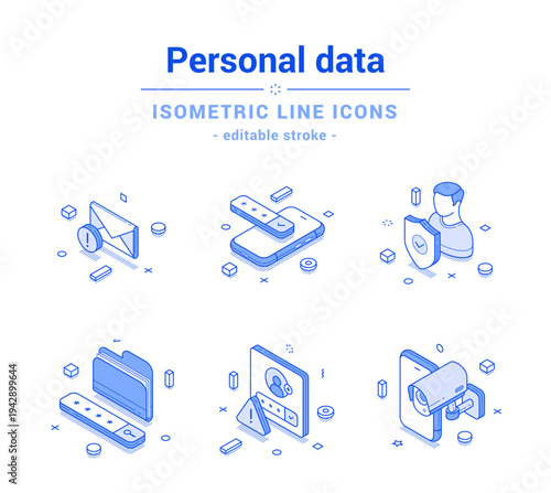 Personal data security digital information protection outline line isometric icon set vector illustration. User database safety authentication authorization verification login password account access