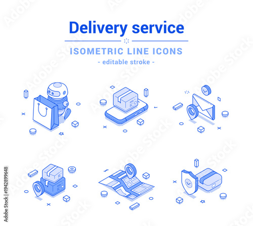 Delivery service postal parcel courier chatbot logistic outline line isometric icon set vector illustration. Commercial shipping post transportation map tracking distribution online shopping shipment