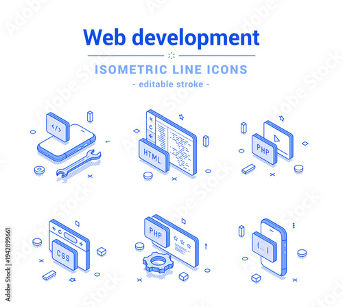 Software web development coding programming outline line isometric icon set vector illustration. Computer website creation mobile app program code automation information digital technology