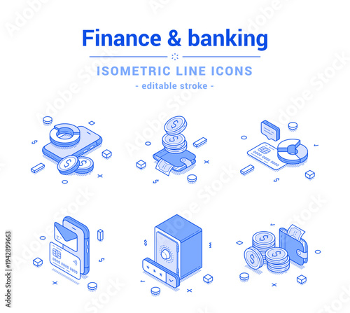 Business finance online banking economy analyzing outline line isometric icon set vector illustration. Commercial bank finance digital wallet shopping payment investment safety card pay mobile app