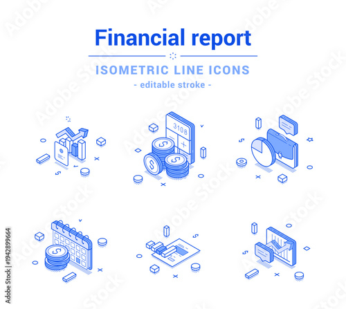 Financial report business economy accounting analyzing outline line isometric icon set vector illustration. Commercial productivity efficiency marketing management control infographic information data