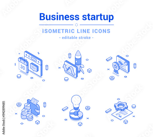 Business startup success management strategy analyzing outline line icon set vector illustration. Corporate achievement marketing planning commercial innovation idea analysis finance report