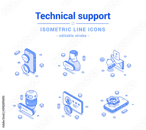 Customer technical support call center hotline helpline outline line isometric icon set vector illustration. Client help consulting assistance chatbot online live operator chatting feedback service