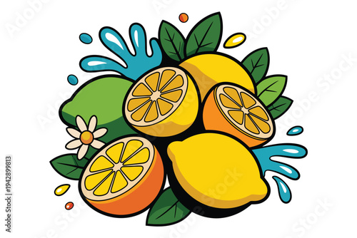 Fresh lemons and oranges with water splash and leaves vector illustration, citrus fruit arrangement with vibrant summer essence