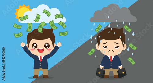 Illustration of two businessmen experiencing different financial fortunes, one with money raining down under a sunny sky and the other with money falling like rain under a stormy cloud.