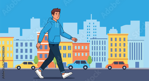 Young man walking in a city street with buildings and cars in the background