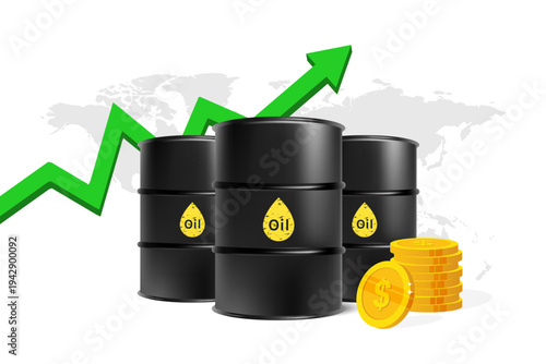 Crude Oil Barrel with Up Arrow Showing Rising Oil Price and Dollar Symbol Vector