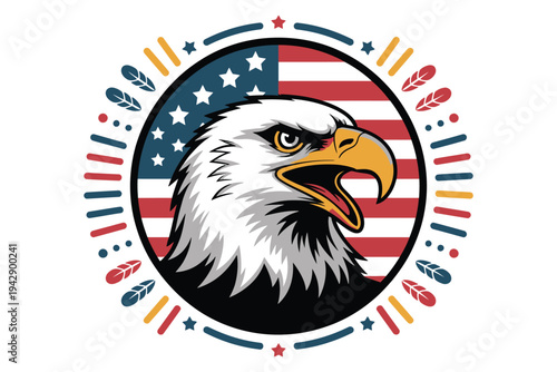 Majestic bald eagle head portrait set against circular american flag background with feather accents for patriotic animal emblem design