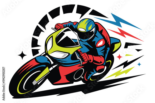 Motorcycle racer leaning into turn at high speed with motion blur and lightning bolts energetic sports competition vector racing silhouette