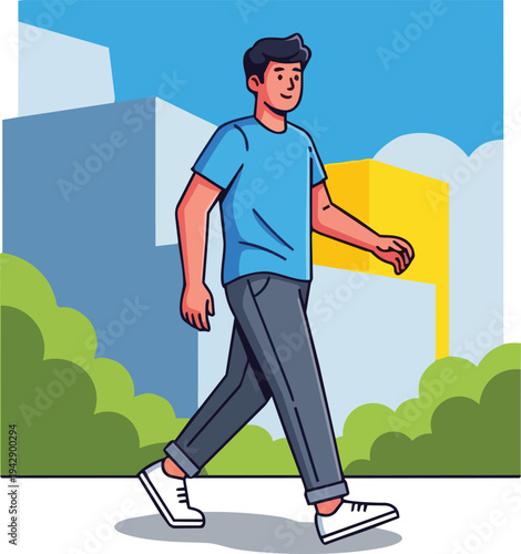 A cheerful young man takes a casual stroll through an urban setting, embodying a relaxed and healthy lifestyle in a vibrant city environment, promoting physical activity