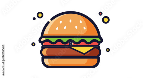 Stylized cartoon illustration of a classic hamburger with sesame bun, cheese, patty, lettuce, and tomato, featuring a bold outline and vibrant colors.