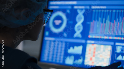 Female scientist in protective clothes and glasses looking at the computer screen. Researching human genetic diseases and DNA test results