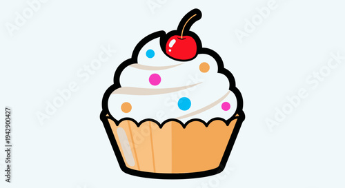 A delightful cartoon illustration of a cupcake topped with white frosting, colorful sprinkles, and a bright red cherry.
