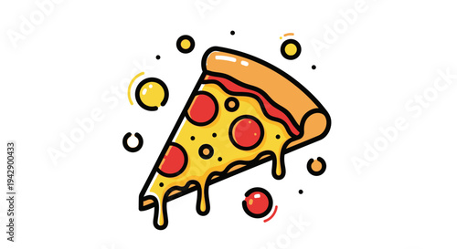 Vibrant cartoon illustration of a delicious pepperoni pizza slice with melted cheese and a thick crust, surrounded by playful abstract circles.