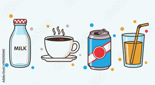 A vibrant illustration showcasing a variety of popular beverages including milk, coffee, soda, and juice, each in its typical container.