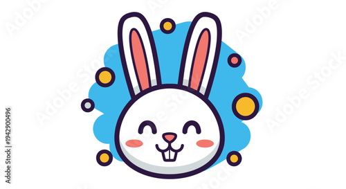 Cute cartoon white rabbit head with pink ears and a happy smile, surrounded by colorful bubbles on a blue background.