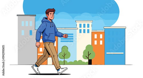 Young man walking confidently through a colorful urban cityscape with modern buildings and trees, representing a healthy lifestyle and active urban exploration