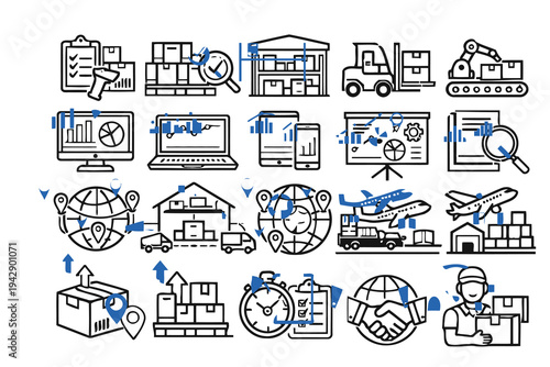 Illustrated icons representing various aspects of logistics and supply chain management