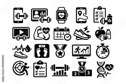 Comprehensive icons depicting various aspects of health, fitness, and wellness tracking