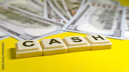 Φωτογραφία A close-up shot of CASH spelled out in tiles against a vibrant yellow background, featuring several 100-dollar bills fanned out behind the text to represent liquid assets and wealth