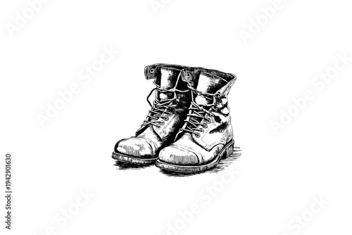 leather boots Vintage Camping Gear Illustration, Rustic Outdoor Heritage Vector, Hand Drawn Engraving Style, Retro Americana Aesthetic, Black and White Linocut Graphic for Branding and Apparel Design