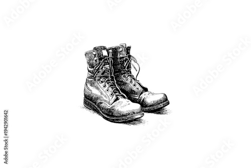 Vintage Camping boots Illustration, Rustic Outdoor Heritage Vector, Hand Drawn Engraving Style, Retro Americana Aesthetic, Black and White Linocut Graphic for Branding and Apparel Design