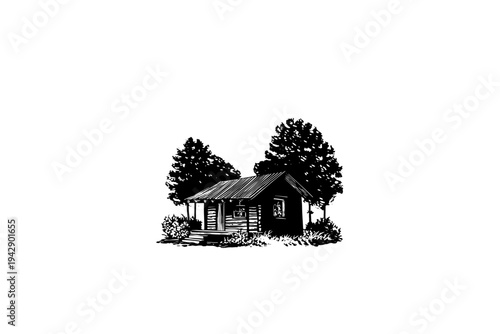 Wooden hut cabin Vintage Camping Illustration, Rustic Outdoor Heritage Vector, Engraving Style, Retro Americana Aesthetic, Black and White Linocut Graphic for Branding and Apparel Design