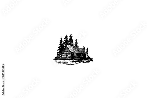 A hunter's hut in the forest. Vintage Illustration, Rustic Outdoor Heritage Vector, Engraving Style, Retro Americana Aesthetic, Black and White Linocut Graphic for Branding and Apparel Design